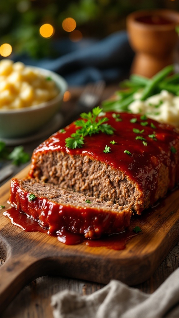 Slow cooker meatloaf topped with ketchup sauce, served with mashed potatoes and green beans on a rustic wooden table.